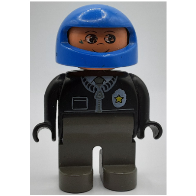 Duplo Figure, Early, Helmet Blue, Dark Gray Legs, Jacket with Zipper, Tie, and Police Badge Print Schwarz