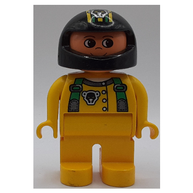 Duplo Figure, Early, Helmet Black, Yellow Legs, Green Suspenders and Black Bear Head Print Gelb