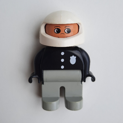 Duplo Figure, Early, Helmet White, Light Gray Legs, Black Top with 3 Buttons and Badge Print Schwarz