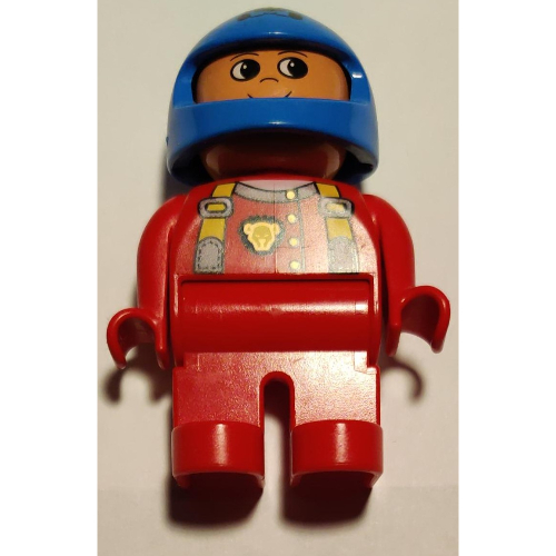 Duplo Figure, Early, Helmet Blue, Red Legs, Red Top with Cat Eye Racer Logo Print Rot