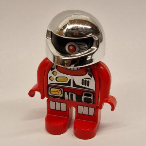 Duplo Figure, Early, Helmet Chrome Silver, Red Legs, Silver Chest Panel, Black Belt with Silver Panels, Silver Knee Pads, Black Face with One Red Eye Print Rot