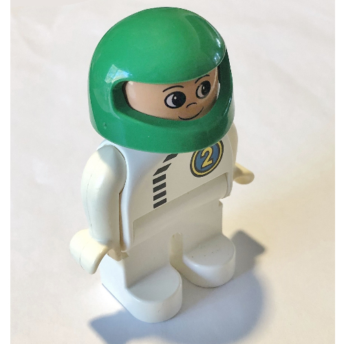 Duplo Figur, früh, Helm grün, weiße Beine, schwarzer Reißverschluss und Racer #2 (Aufdruck)