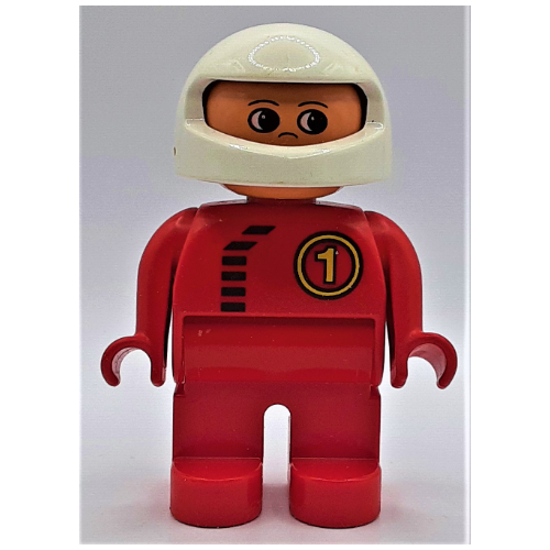 Duplo Figure, Early, Helmet White, Red Legs, Black Zipper and '1' Print Red