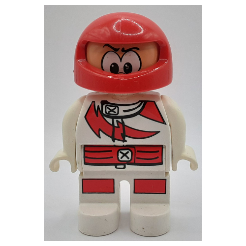 Duplo Figure, Early, Helmet Red, White Legs, Racing Suit with Red Lightning Print White