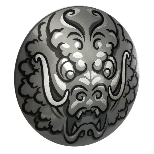 Shield Round Bowed with Black Dragon Drawing print Flat Silver