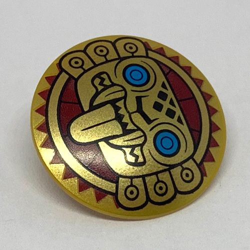 Shield Round Bowed with Aztec Jaguar Face with Dark Azure Eyes and Tongue Sticking Out Print Perlgold