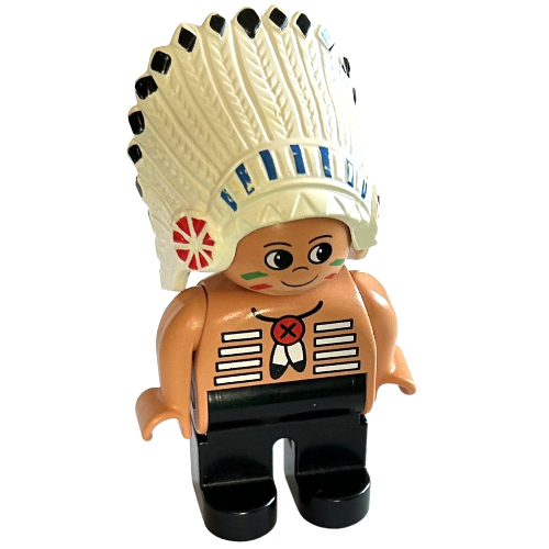 Duplo Figure, Early, Feather Headdress White, Brown Legs, Feather Necklace, Facepaint Print (Native American Chief) Nougat