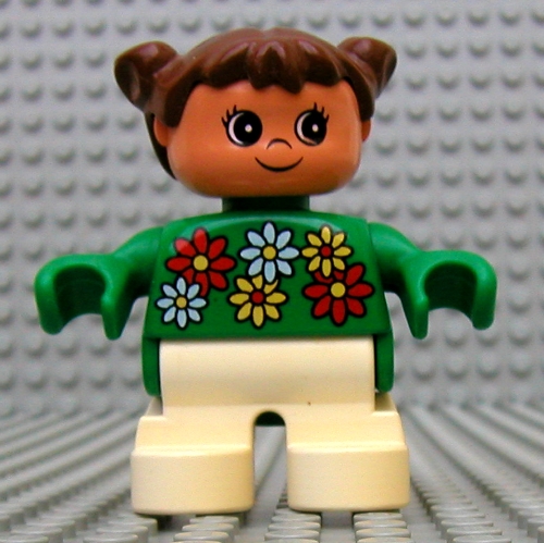 Duplo Figure, Early Child, with Pigtails Brown, White Legs, White, Red and Yellow Flowers Green