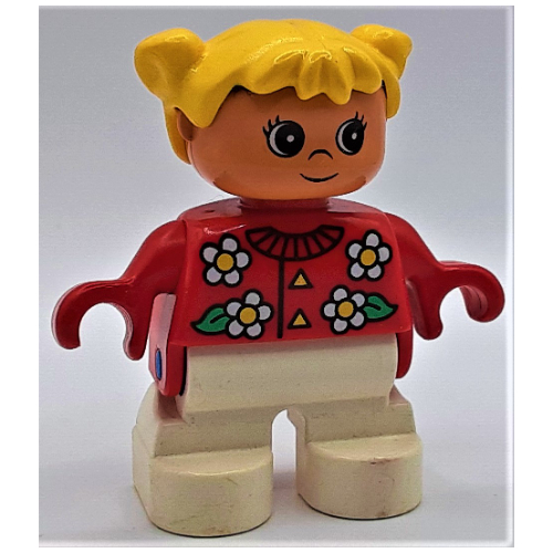 Duplo Figure, Early Child, with Pigtails Yellow, White Legs, White and Yellow Flowers Print Red
