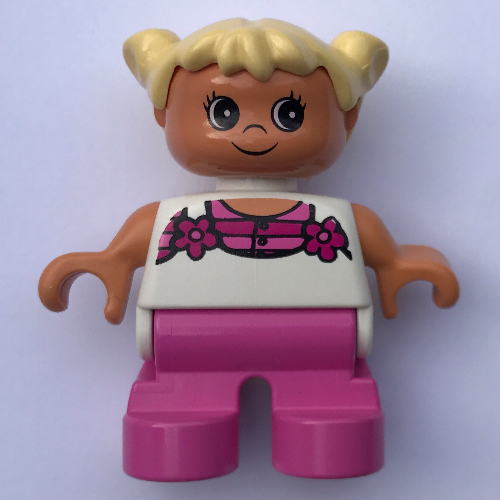Duplo Figure, Early Child, with Pigtails Light Yellow, Dark Pink Legs, Pink Stripes and Flowers Print White