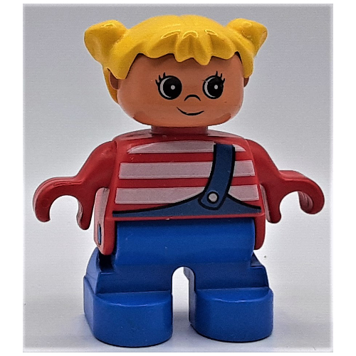 Duplo Figure, Early Child, with Pigtails Yellow, Blue Legs, White Stripes and Blue Overalls with One Strap Print Rot