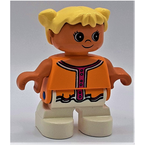 Duplo Figure, Early Child, with Pigtails Light Yellow, White Legs, Dark Pink Collar and Buttons Print Orange
