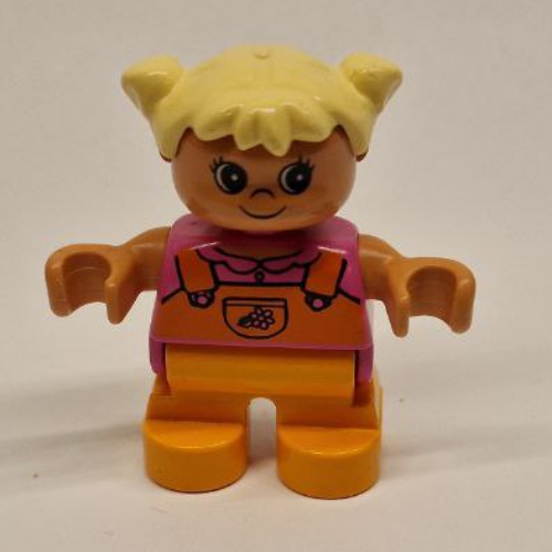 Duplo Figure, Early Child, with Pigtails Light Yellow, Orange Legs, Orange Overalls Print Mitteldunkelrosa