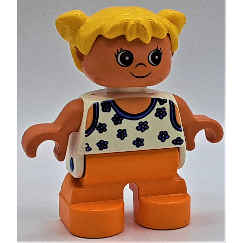 Duplo Figure, Early Child, with Pigtails Yellow, Orange Legs, Blue Flowers Print Weiß