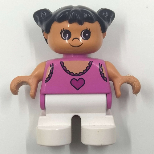 Duplo Figure, Early Child, with Pigtails Black, White Legs, Dark Pink Top with Heart Print Medium Dark Pink