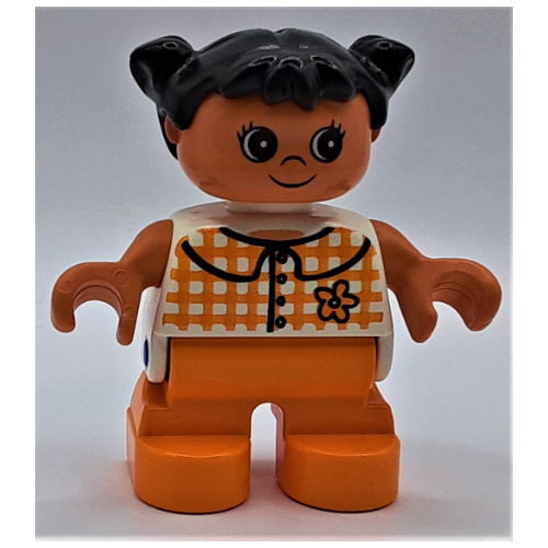 Duplo Figure, Early Child, with Pigtails Black, Orange Legs, Orange Plaid Shirt Print Weiß