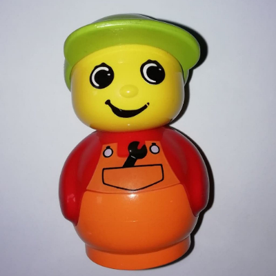 Primo Figure Boy with Orange Base, Orange Dungarees with Wrench, Medium Lime Cap Red