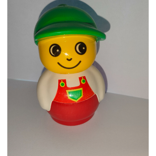 Primo Figure Boy with Red Base, Red Dungarees print, Green Cap White