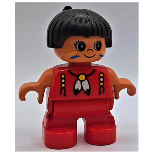Duplo Figure, Early Child, Hair with Feather Black, Red Legs, White Feathers Print Red