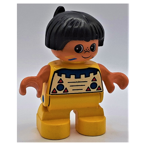 Duplo Figur, früh Kind, Haare mit Feder schwarz, gelbe Beine, Indianerschmuck (Aufdruck) in Gelb