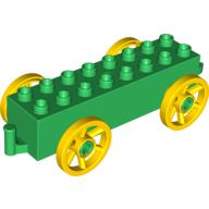 Duplo Wagon Base 2 × 8 × 1 1/2 with Large Yellow Spoked Wheels Green