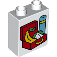 Duplo Brick 1 × 2 × 2 with Bottom Tube, with Lunch Box and Flask Print Weiß