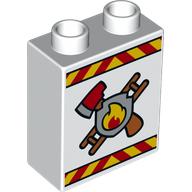 Duplo Brick 1 × 2 × 2 with Bottom Tube and Fire Logo Print Weiß
