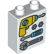 Duplo Brick 1 × 2 × 2 with Bottom Tube and Drill, Screwdriver, and Wrench Print Weiß