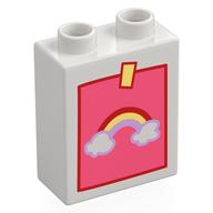 Duplo Brick 1 × 2 × 2 with Bottom Tube with Childs Drawing of a Rainbow Print Weiß