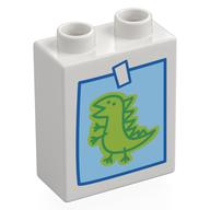 Duplo Brick 1 × 2 × 2 with Bottom Tube with Childs Drawing of a Dinosaur Print Weiß
