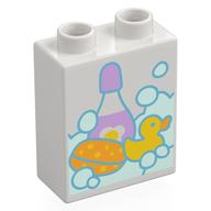 Duplo Brick 1 × 2 × 2 with Bottom Tube with Bubbles, Sponge, Rubber Duck, and Bottle of Shampoo Print White