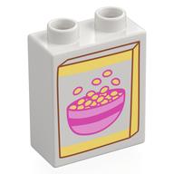 Duplo Brick 1 × 2 × 2 with Bottom Tube with Box of Cereal Print White