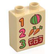 Duplo Brick 1 × 2 × 2 with Bottom Tube with '1', '2', '3', Jam Jars, Carrots, and Watermelon Print Beige