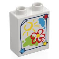 Duplo Brick 1 × 2 × 2 with Bottom Tube with Childs Drawing of a Flower and Sun Print Weiß