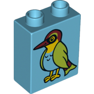 Duplo Brick 1 × 2 × 2 with Bottom Tube and Bird with Medium Azure Chest and Green Wings Print Mittelazur
