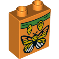 Duplo Brick 1 × 2 × 2 with Bottom Tube - Butterfly and Green Leaf with 2 Yellow Cocoons Print 24967 Orange