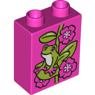 Duplo Brick 1 × 2 × 2 with Bottom Tube - Frog and Flowers Print Dark Pink