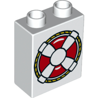 Duplo Brick 1 × 2 × 2 with Bottom Tube and Life Preserver Print Weiß