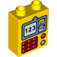 Duplo Brick 1 × 2 × 2 with Bottom Tube with ATM Screen with '123', Keypad & Lights Print Yellow