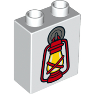 Duplo Brick 1 × 2 × 2 with Bottom Tube with Red Lantern with Flame Print White