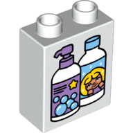 Duplo Brick 1 × 2 × 2 with Bottom Tube and Two Bubble Bath Bottles Print White