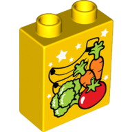 Duplo Brick 1 × 2 × 2 with Bottom Tube - Fruit (Banana, Carrot, Broccoli, Tomato) Print Gelb