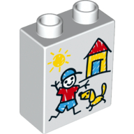 Duplo Brick 1 × 2 × 2 with Sun, House, Boy and Dog Print in White