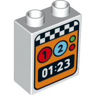 Duplo Brick 1 × 2 × 2 with Bottom Tube - Finish Line, 1, 2 and Timer Print Weiß
