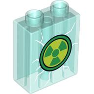 Duplo Brick 1 × 2 × 2 with Nuclear Warning Sign on Broken Glass print Trans-Light Blue