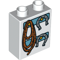 Duplo Brick 1 × 2 × 2 with Rope and Horseshoes Print in White