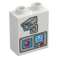 Duplo Brick 1 × 2 × 2 with Bottom Tube with Camera and Video Intercom Print White