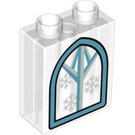 Duplo Brick 1 × 2 × 2 with Bottom Tube with Windows and Snowflakes Print Trans-Clear