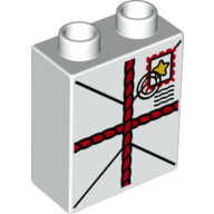 Duplo Brick 1 × 2 × 2 with Bottom Tube with Parcel Print White