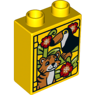 Duplo Brick 1 × 2 × 2 with Toucan and Tiger Print in Yellow